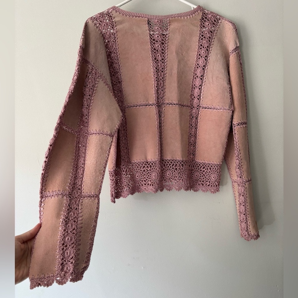 Y2K Fairycore Pink Suede crochet cottage Boho Knitwear Festival cardigan - Large - Picture 8 of 12